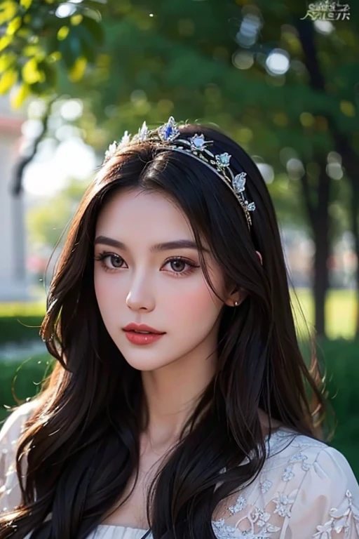 Eastern European beauty、A stunning beauty in her late 30s、Brunette Long Hair、Perfect Makeup、Royal women、Elegant Dresses、In the garden、Bust Shot、Draw the details of the face carefully、