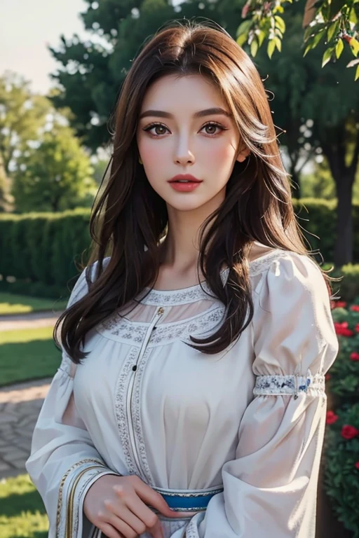 Eastern European beauty、A stunning beauty in her late 30s、Brunette Long Hair、Perfect Makeup、Royal women、Elegant Dresses、In the garden、Bust Shot、Draw the details of the face carefully、