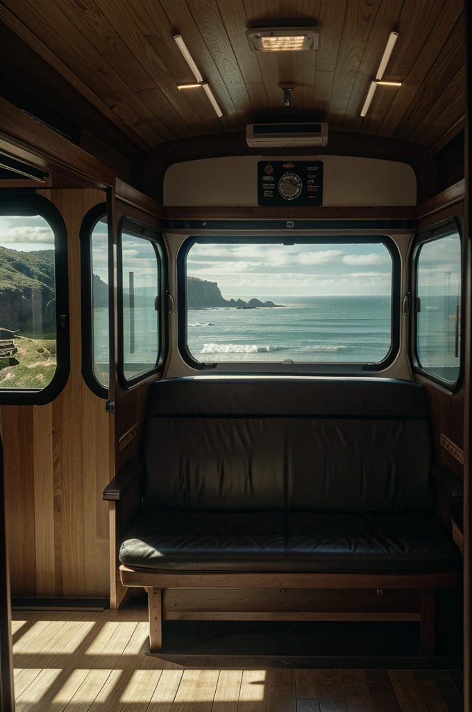 Inside the train, the interior lights are off and the passenger compartment is dark., A long, wooden-framed window on the opposite wall, Long seats with seat backs aligned along the wall, The view beyond the window frame, Background behind the window frame_Slowly flowing coastline, High resolution, Absurd,Large file sizes, (Lighting particles), Please redeem , masterpiece, shape, So delicate and beautiful, Very detailed, 8k wallpaper, wonderful, official art, Beautiful attention to detail