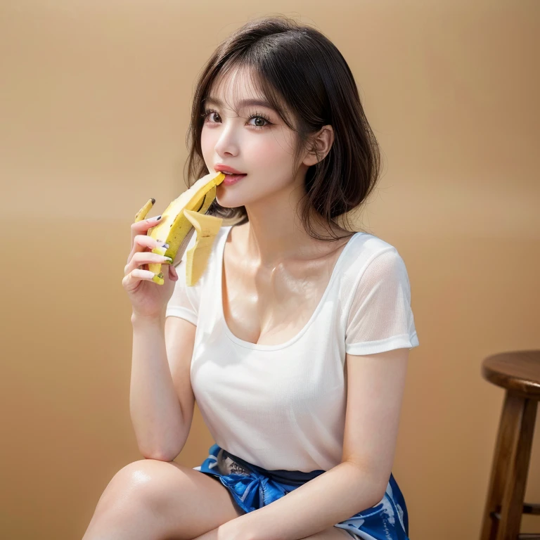 She is placing her lips on a peeled banana, (masterpiece:1.3), (highest quality, 32k, raw photo, extreme detail, ultra-high resolution, high aesthetic, absolute resolution, hyper realism, detailed lighting, extremely detailed skin, extremely detailed hair, ultra-realistic sharp features, exquisite and detailed, Physically Based Rendering, perfect model figure, perfect face, stunning face, detailed body, long eyelashes, shiny skin, detailed skin), beautiful Japanese woman, realistic sensual gravure idol, Full breasts, detailed realistic face, highly detailed realistic face, ultra realistic teen, realistic detailed face, Showcasing cleavage, joyful smile, gorgeous beautiful young woman, there is a woman sitting on a stool. eating a Peeled banana, She is licking a peeled banana bar. gorgeous young,