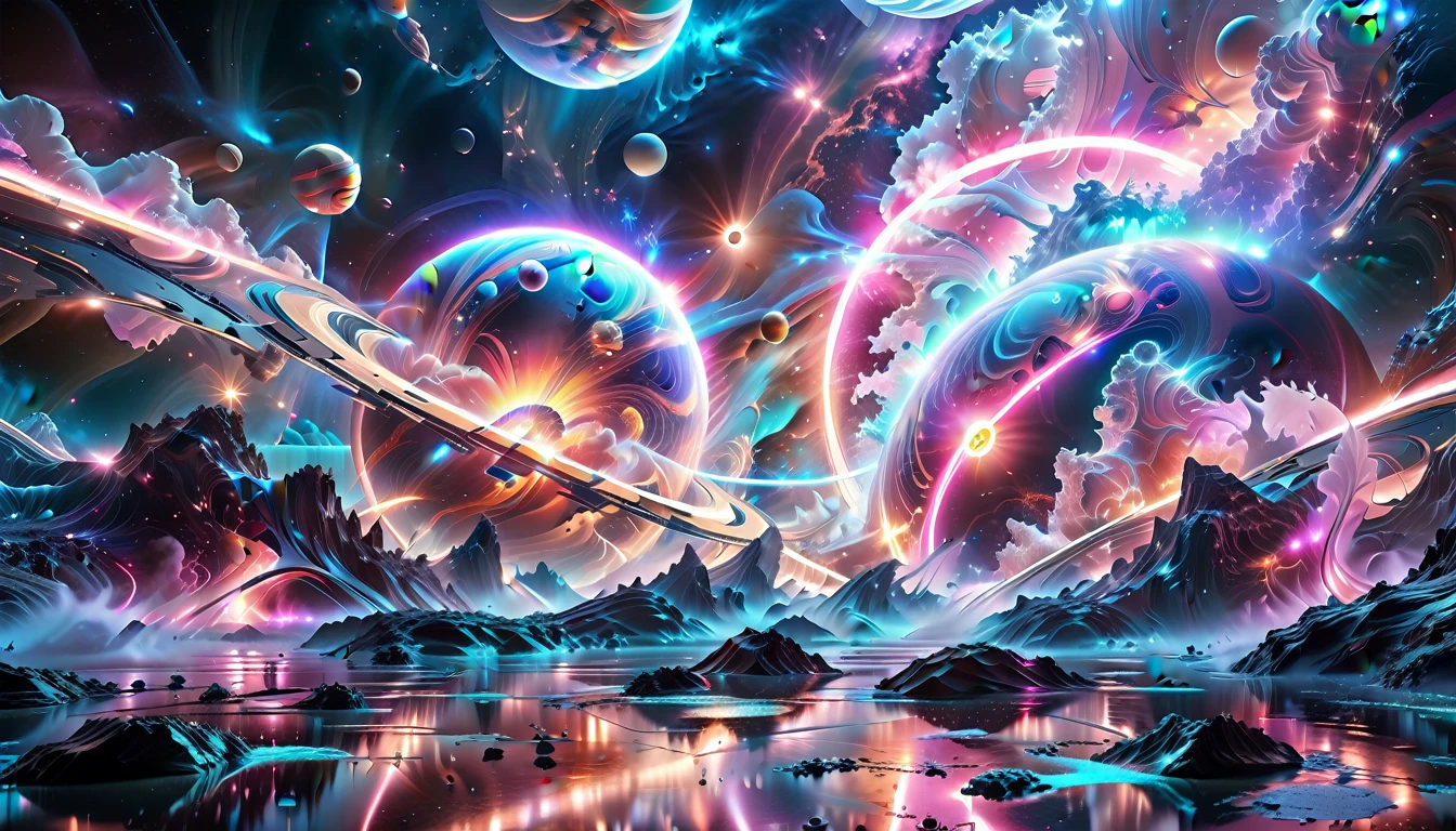 A Masterpiece In 32K Resolution, Supreme Quality, Super Detail, Official Art, Very High-Resolution 32K Wallpaper, Beautiful And Aesthetic, Ultra-Detailed Features, Awe-Inspiring Detail. Cosmic, Otherworldly, And Breathtakingly Dreamlike Scene Set On A Vibrant, Alien Planet. The Otherworldly Landscape Is Filled With Colorful, Intricate Patterns And Vibrant Contrasts, Creating A Sense Of Both Mystery And Wonder. A Giant Planet Resembling Jupiter Looms In The Background, Bathed In An Ethereal Glow, While Swirling Deep Space Nebulas And Vivid Pink Hues Fill The Sky. The Atmosphere Is Alive With An Energetic, Almost Surreal Quality, Enhanced By The Use Of Long Exposure, Giving A Cinematic, Epic Feel. This Abstract, Alien World Blends The Surreal With The Futuristic, Featuring Epic Structures And Otherworldly Beauty. The Colors Are Bold, Saturated, And Highly Contrasting, Giving The Entire Scene A Crazy Yet Gorgeous Visual Identity.