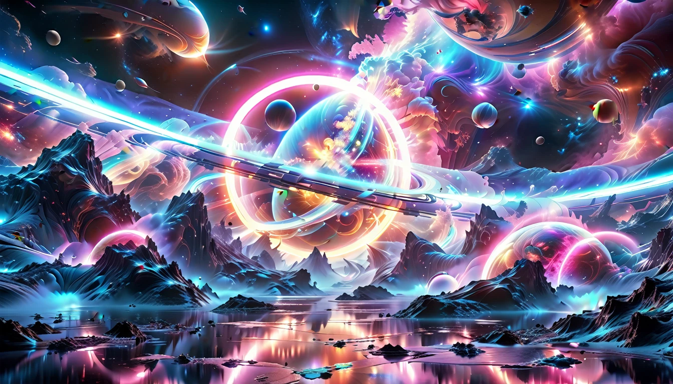 A Masterpiece In 32K Resolution, Supreme Quality, Super Detail, Official Art, Very High-Resolution 32K Wallpaper, Beautiful And Aesthetic, Ultra-Detailed Features, Awe-Inspiring Detail. Cosmic, Otherworldly, And Breathtakingly Dreamlike Scene Set On A Vibrant, Alien Planet. The Otherworldly Landscape Is Filled With Colorful, Intricate Patterns And Vibrant Contrasts, Creating A Sense Of Both Mystery And Wonder. A Giant Planet Resembling Jupiter Looms In The Background, Bathed In An Ethereal Glow, While Swirling Deep Space Nebulas And Vivid Pink Hues Fill The Sky. The Atmosphere Is Alive With An Energetic, Almost Surreal Quality, Enhanced By The Use Of Long Exposure, Giving A Cinematic, Epic Feel. This Abstract, Alien World Blends The Surreal With The Futuristic, Featuring Epic Structures And Otherworldly Beauty. The Colors Are Bold, Saturated, And Highly Contrasting, Giving The Entire Scene A Crazy Yet Gorgeous Visual Identity.