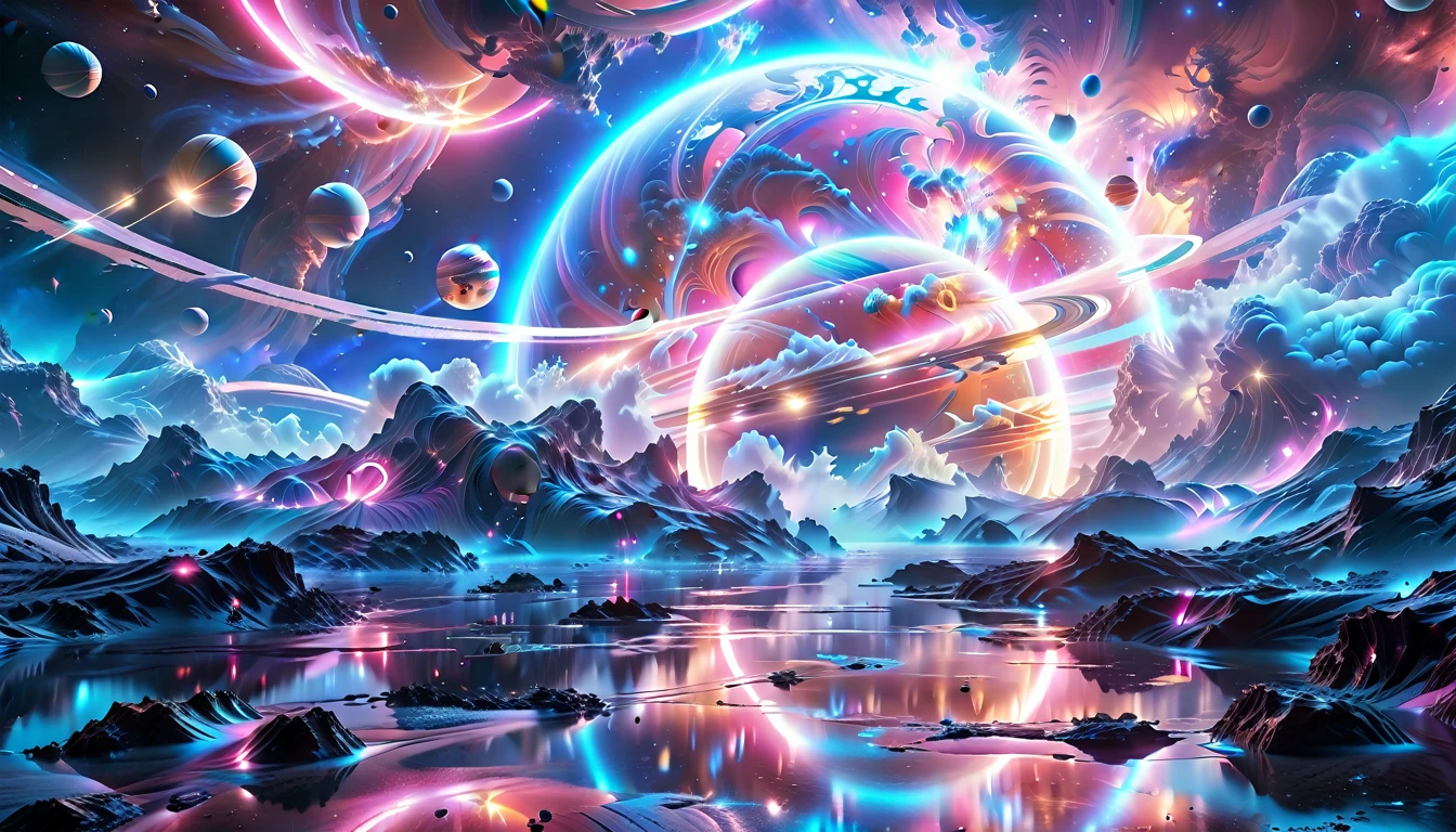 A Masterpiece In 32K Resolution, Supreme Quality, Super Detail, Official Art, Very High-Resolution 32K Wallpaper, Beautiful And Aesthetic, Ultra-Detailed Features, Awe-Inspiring Detail. Cosmic, Otherworldly, And Breathtakingly Dreamlike Scene Set On A Vibrant, Alien Planet. The Otherworldly Landscape Is Filled With Colorful, Intricate Patterns And Vibrant Contrasts, Creating A Sense Of Both Mystery And Wonder. A Giant Planet Resembling Jupiter Looms In The Background, Bathed In An Ethereal Glow, While Swirling Deep Space Nebulas And Vivid Pink Hues Fill The Sky. The Atmosphere Is Alive With An Energetic, Almost Surreal Quality, Enhanced By The Use Of Long Exposure, Giving A Cinematic, Epic Feel. This Abstract, Alien World Blends The Surreal With The Futuristic, Featuring Epic Structures And Otherworldly Beauty. The Colors Are Bold, Saturated, And Highly Contrasting, Giving The Entire Scene A Crazy Yet Gorgeous Visual Identity.