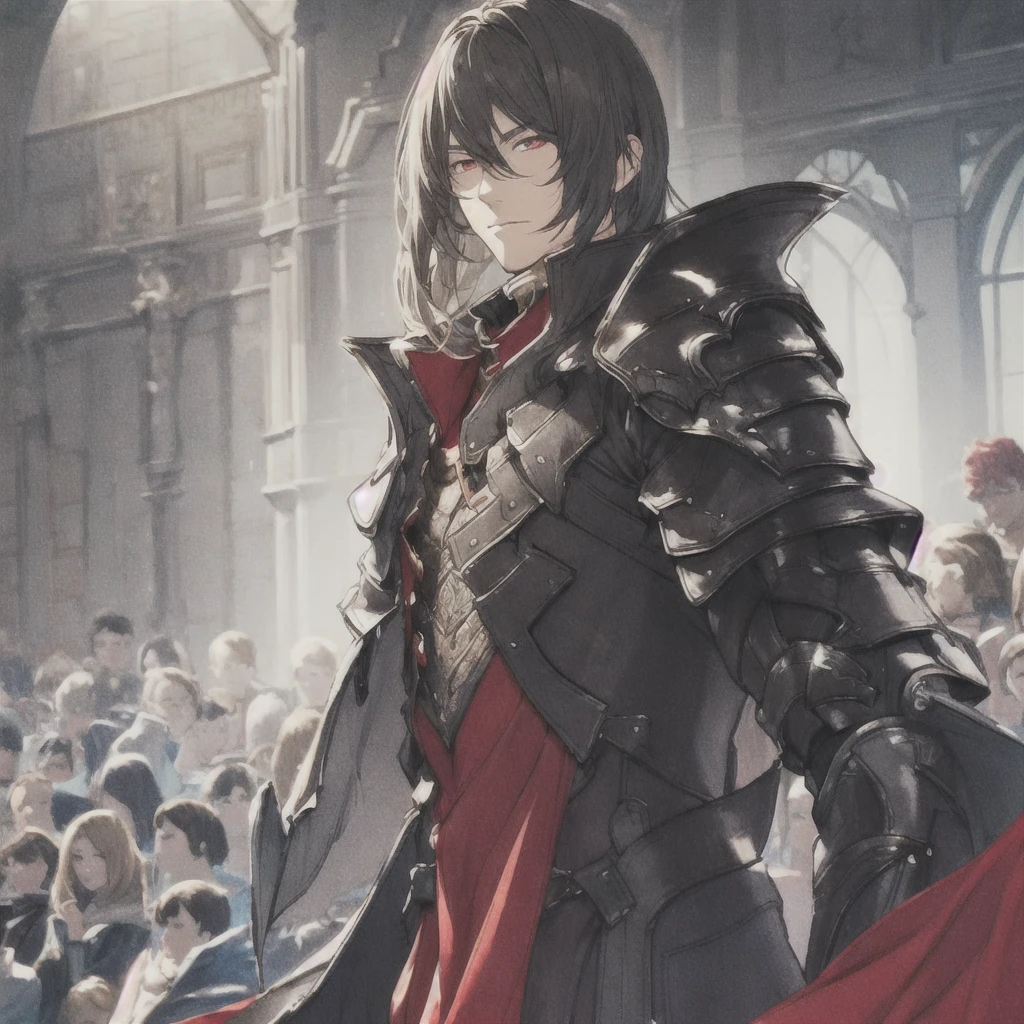 masterpiece, Best Quality, 1 person, adult, Focus on men, Alone, Long Hair, Gray Hair, Bright red eyes, Watch the audience, Cape, High quality metal texture, Overcoat, Mouth closed, Upper Body, bangs, High collar,(KBXLL-san:0.6), Fantasy aesthetics, Very detailed, Shadowverse Style, Black Armor