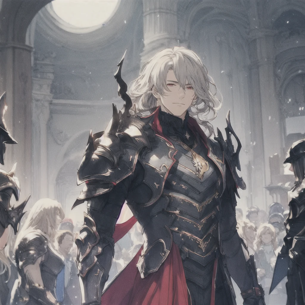 masterpiece, Best Quality, 1 person, adult, Focus on men, Alone, Long Hair, Gray Hair, Bright red eyes, Watch the audience, Cape, High quality metal texture, Overcoat, Mouth closed, Upper Body, bangs, High collar,(KBXLL-san:0.6), Fantasy aesthetics, Very detailed, Shadowverse Style, Black Armor