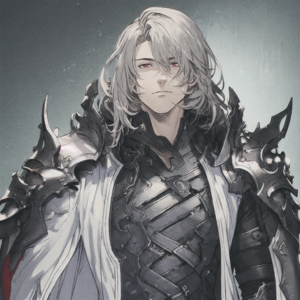 masterpiece, Best Quality, 1 person, adult, Focus on men, Alone, Long Hair, Gray Hair, Bright red eyes, Watch the audience, Cape, High quality metal texture, Overcoat, Mouth closed, Upper Body, bangs, High collar,(KBXLL-san:0.6), Fantasy aesthetics, Very detailed, Shadowverse Style, Black Armor