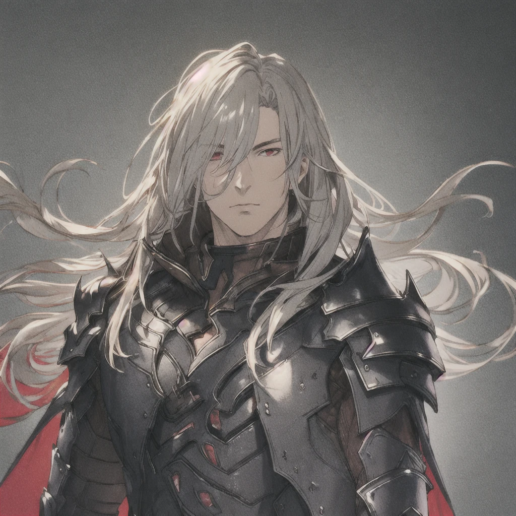 masterpiece, Best Quality, 1 person, adult, Focus on men, Alone, Long Hair, Gray Hair, Bright red eyes, Watch the audience, Cape, High quality metal texture, Overcoat, Mouth closed, Upper Body, bangs, High collar,(KBXLL-san:0.6), Fantasy aesthetics, Very detailed, Shadowverse Style, Black Armor