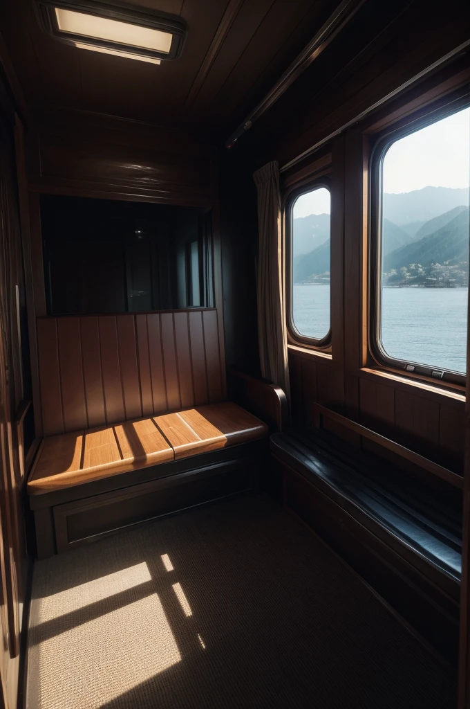 Inside the train, the interior lights are off and the passenger compartment is dark., A long, wooden-framed window on the opposite wall, Long seats with seat backs aligned along the wall, The view beyond the window frame, Background behind the window frame_Slowly flowing coastline, High resolution, Absurd,Large file sizes, (Lighting particles), Please redeem , masterpiece, shape, So delicate and beautiful, Very detailed, 8k wallpaper, wonderful, official art, Beautiful attention to detail