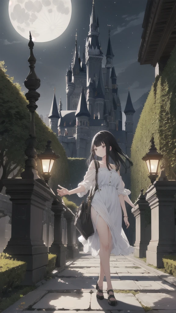 A girl with black hair walking in the castle garden on full moon night