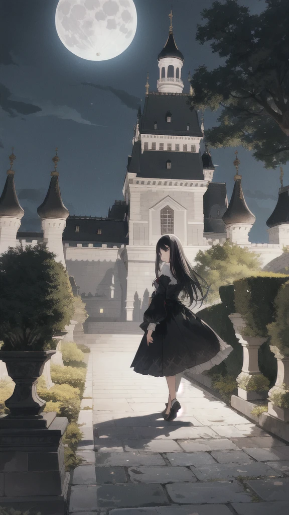 A girl with black hair walking in the castle garden on full moon night