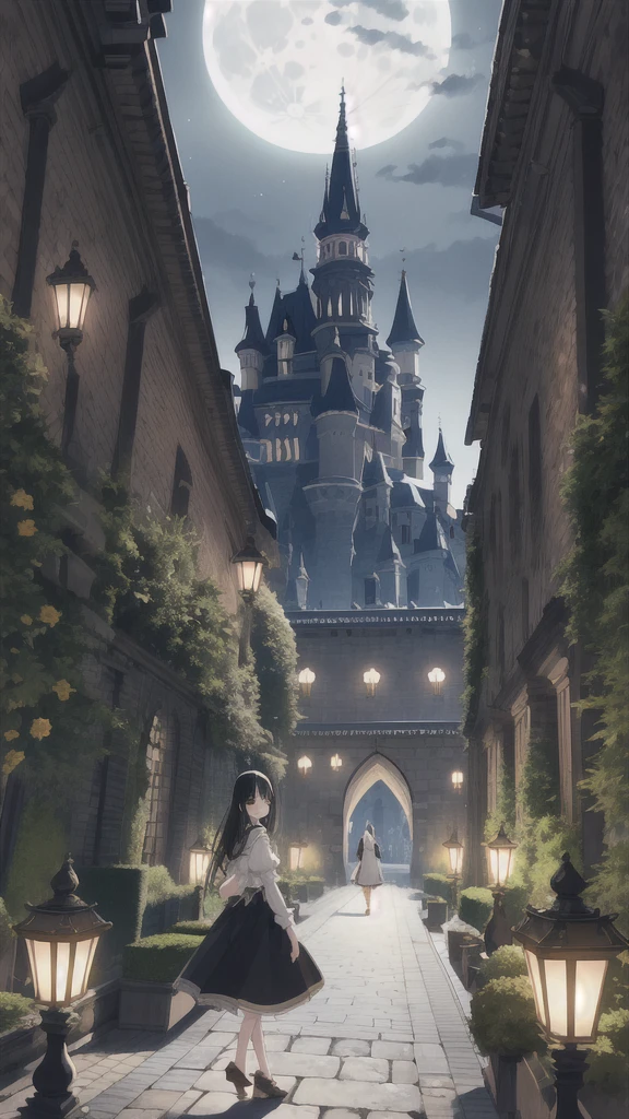 A girl with black hair walking in the castle garden on full moon night