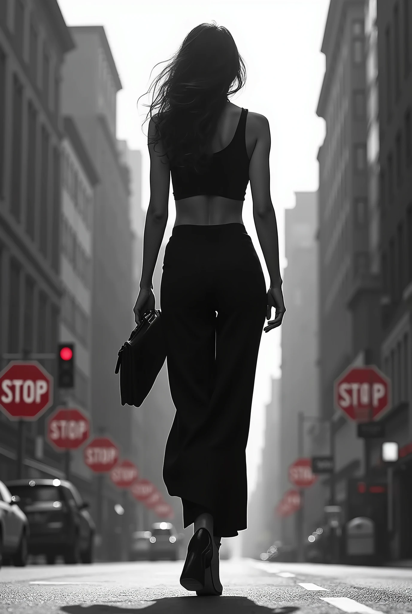 Woman in light clothing in black and white, we can slightly see his buttocks. She walks down the street. Paneau stop en couleur