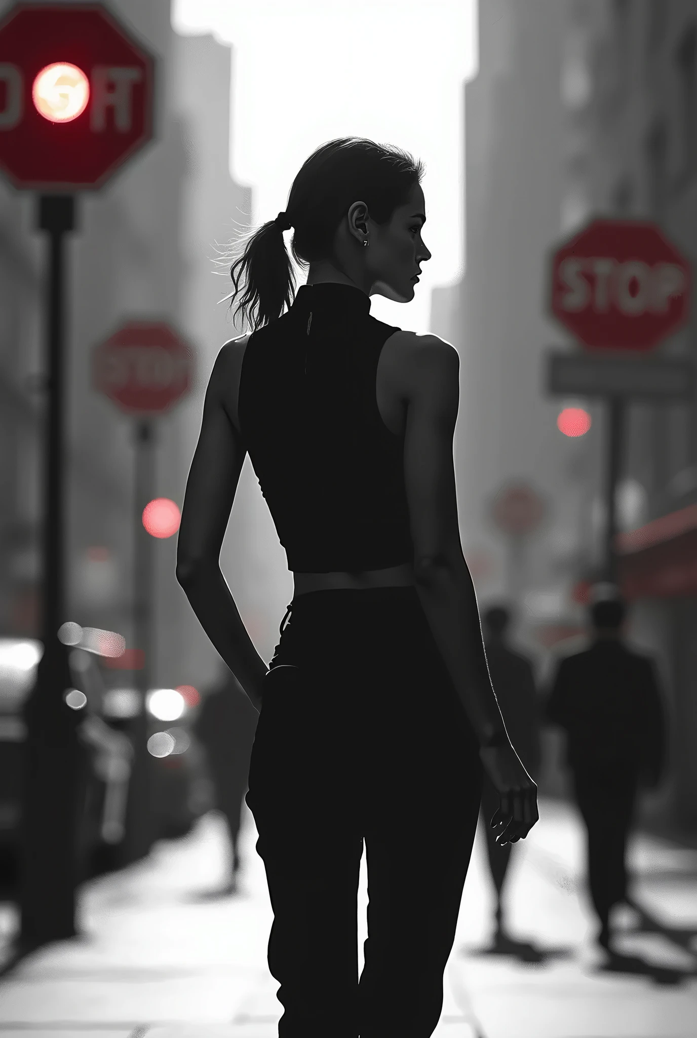 image en noir et blanc, woman seen from behind in the street in a dress. We can see the top of her buttocks molded by the dress