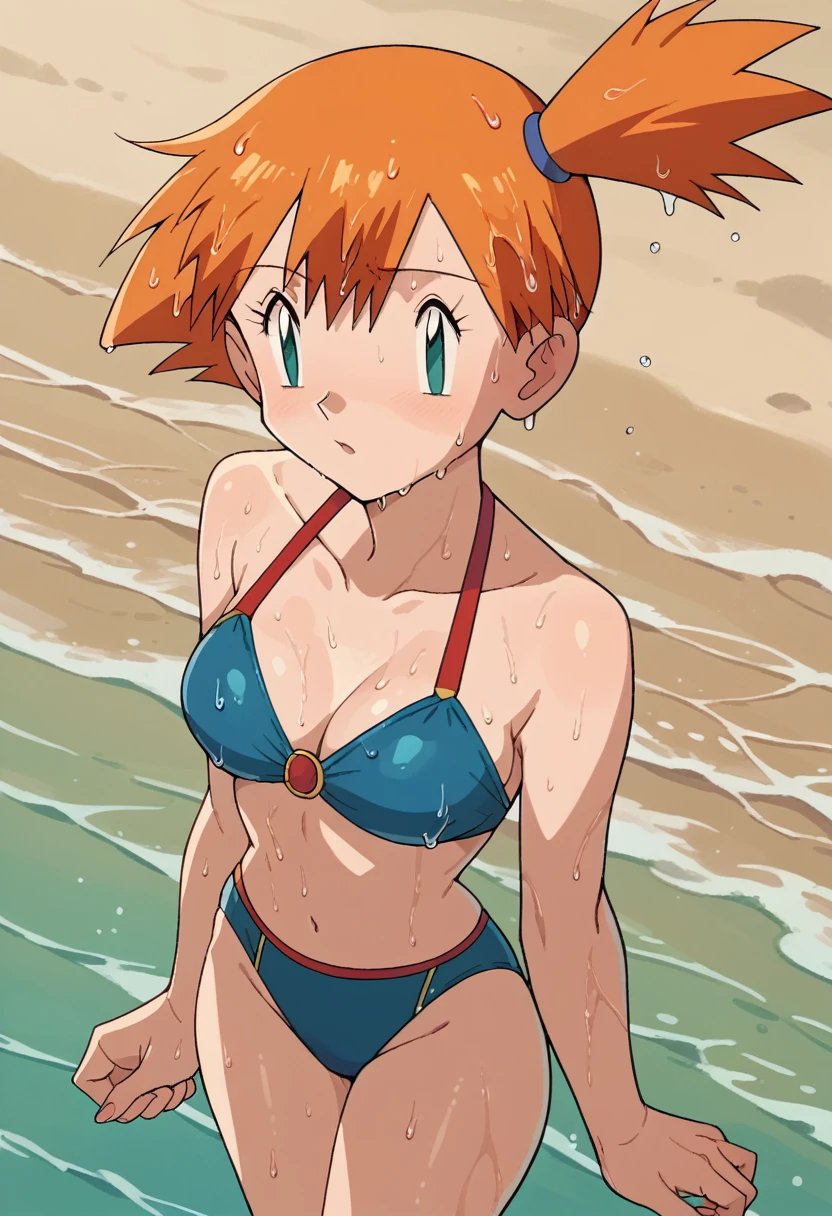 1girl, 1solo, misty pokemon, orange hair, long hair, aqua eyes, curvy, beautiful girl, blue swimsuit, blue bikini, on beach, wet hair, wet skin, sweat skin, good looking, striking a pose, standing