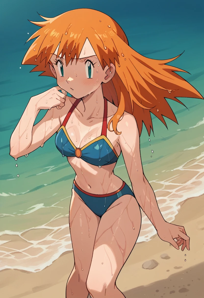 1girl, 1solo, misty pokemon, orange hair, long hair, aqua eyes, curvy, beautiful girl, blue swimsuit, blue bikini, on beach, wet hair, wet skin, sweat skin, good looking, striking a pose, standing