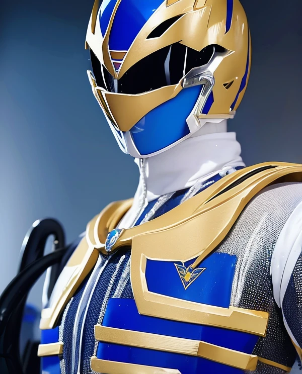 SPD power ranger suit of armor, helmet,,  (power rangers)), One guy、gold, white based, red and blue chest armor   costume, Solo, ((fit figure)), (Anatomically correct), Cowboy shot, masked face, guns, muscular build