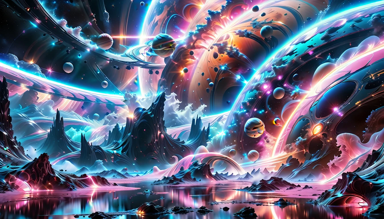 A Masterpiece In 32K Resolution, Supreme Quality, Super Detail, Official Art, Very High-Resolution 32K Wallpaper, Beautiful And Aesthetic, Ultra-Detailed Features, Awe-Inspiring Detail. Cosmic, Otherworldly, And Breathtakingly Dreamlike Scene Set On A Vibrant, Alien Planet. The Otherworldly Landscape Is Filled With Colorful, Intricate Patterns And Vibrant Contrasts, Creating A Sense Of Both Mystery And Wonder. A Giant Planet Resembling Jupiter Looms In The Background, Bathed In An Ethereal Glow, While Swirling Deep Space Nebulas And Vivid Pink Hues Fill The Sky. The Atmosphere Is Alive With An Energetic, Almost Surreal Quality, Enhanced By The Use Of Long Exposure, Giving A Cinematic, Epic Feel. This Abstract, Alien World Blends The Surreal With The Futuristic, Featuring Epic Structures And Otherworldly Beauty. The Colors Are Bold, Saturated, And Highly Contrasting, Giving The Entire Scene A Crazy Yet Gorgeous Visual Identity.