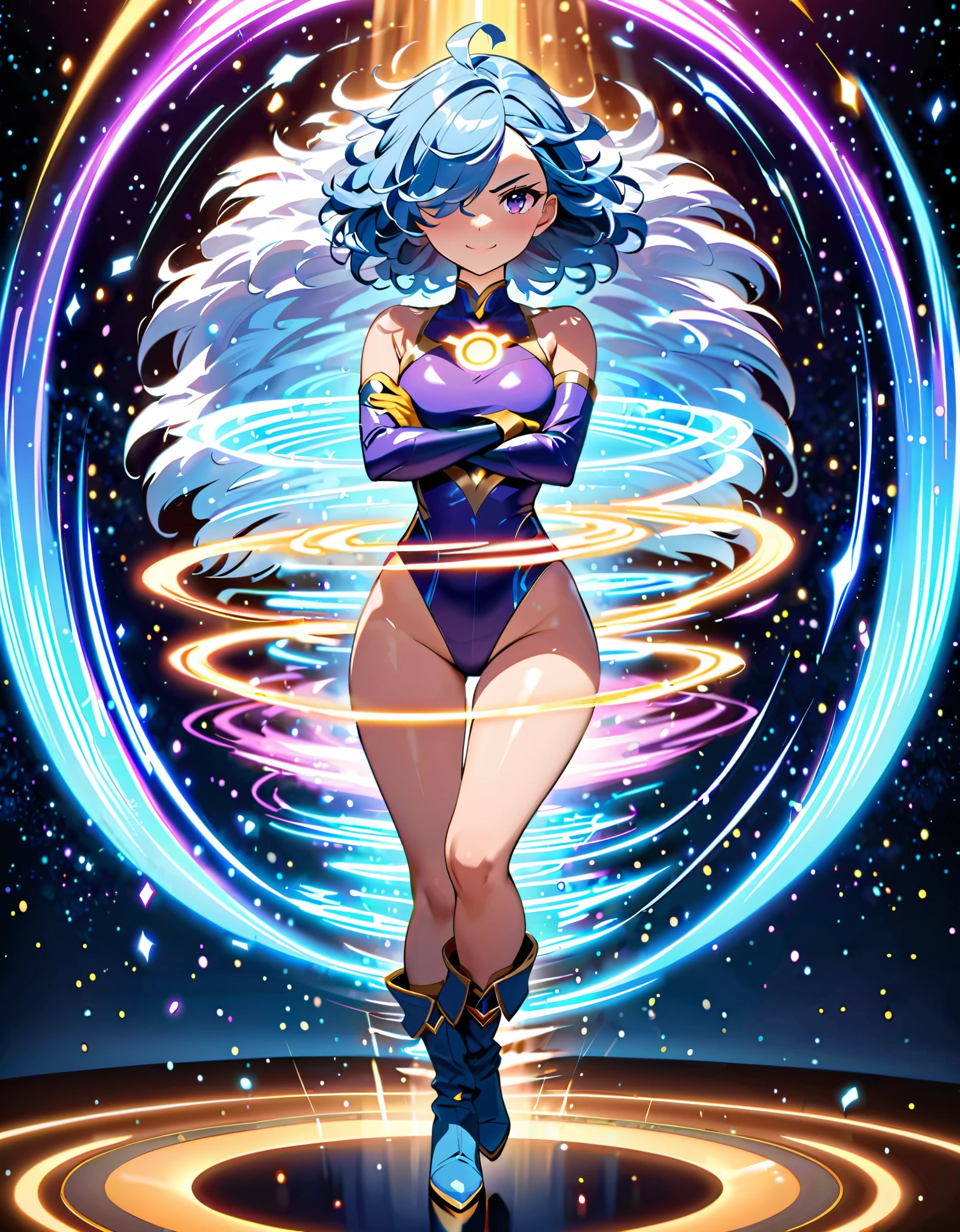 (masterpiece, best quality, high quality, highres:1.4), detailed, extremely detailed, ambient soft lighting, 4K, 1lady, solo, solo focus, beautiful french woman, perfect ???????, medium breasts, (leotard, purple and blue leotard with white accents, bare legs), ((yellow scorpion (symbol) on chest)). boots, matching boots, (perfect hands:1.2), gloves, matching gloves, blue hair, medium hair, (hair over one eye:1.3), ahoge, purple eyes, beautiful detailed eyes, beautiful detailed face, full body. (legs straight). standing straight. v-shaped eyebrows, smile, energy ball on hand, outer space backdrop, (power, aura, blue aura), energy pulse, diffraction spikes, light particles, time warp, ripples. full body costume design.