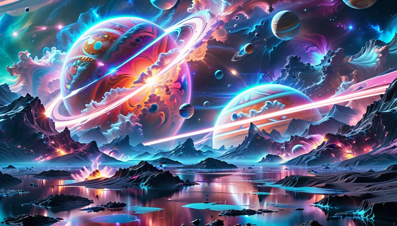 A Masterpiece In 32K Resolution, Supreme Quality, Super Detail, Official Art, Very High-Resolution 32K Wallpaper, Beautiful And Aesthetic, Ultra-Detailed Features, Awe-Inspiring Detail. Cosmic, Otherworldly, And Breathtakingly Dreamlike Scene Set On A Vibrant, Alien Planet. The Otherworldly Landscape Is Filled With Colorful, Intricate Patterns And Vibrant Contrasts, Creating A Sense Of Both Mystery And Wonder. A Giant Planet Resembling Jupiter Looms In The Background, Bathed In An Ethereal Glow, While Swirling Deep Space Nebulas And Vivid Pink Hues Fill The Sky. The Atmosphere Is Alive With An Energetic, Almost Surreal Quality, Enhanced By The Use Of Long Exposure, Giving A Cinematic, Epic Feel. This Abstract, Alien World Blends The Surreal With The Futuristic, Featuring Epic Structures And Otherworldly Beauty. The Colors Are Bold, Saturated, And Highly Contrasting, Giving The Entire Scene A Crazy Yet Gorgeous Visual Identity.