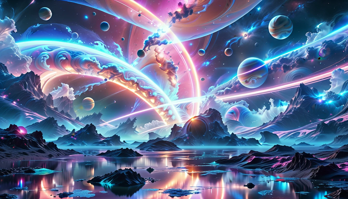 A Masterpiece In 32K Resolution, Supreme Quality, Super Detail, Official Art, Very High-Resolution 32K Wallpaper, Beautiful And Aesthetic, Ultra-Detailed Features, Awe-Inspiring Detail. Cosmic, Otherworldly, And Breathtakingly Dreamlike Scene Set On A Vibrant, Alien Planet. The Otherworldly Landscape Is Filled With Colorful, Intricate Patterns And Vibrant Contrasts, Creating A Sense Of Both Mystery And Wonder. A Giant Planet Resembling Jupiter Looms In The Background, Bathed In An Ethereal Glow, While Swirling Deep Space Nebulas And Vivid Pink Hues Fill The Sky. The Atmosphere Is Alive With An Energetic, Almost Surreal Quality, Enhanced By The Use Of Long Exposure, Giving A Cinematic, Epic Feel. This Abstract, Alien World Blends The Surreal With The Futuristic, Featuring Epic Structures And Otherworldly Beauty. The Colors Are Bold, Saturated, And Highly Contrasting, Giving The Entire Scene A Crazy Yet Gorgeous Visual Identity.