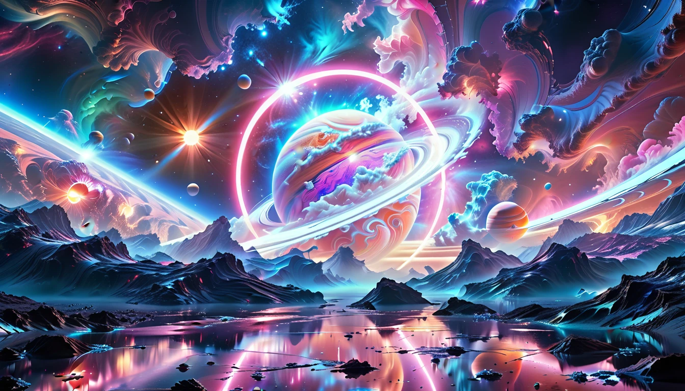 A Masterpiece In 32K Resolution, Supreme Quality, Super Detail, Official Art, Very High-Resolution 32K Wallpaper, Beautiful And Aesthetic, Ultra-Detailed Features, Awe-Inspiring Detail. Cosmic, Otherworldly, And Breathtakingly Dreamlike Scene Set On A Vibrant, Alien Planet. The Otherworldly Landscape Is Filled With Colorful, Intricate Patterns And Vibrant Contrasts, Creating A Sense Of Both Mystery And Wonder. A Giant Planet Resembling Jupiter Looms In The Background, Bathed In An Ethereal Glow, While Swirling Deep Space Nebulas And Vivid Pink Hues Fill The Sky. The Atmosphere Is Alive With An Energetic, Almost Surreal Quality, Enhanced By The Use Of Long Exposure, Giving A Cinematic, Epic Feel. This Abstract, Alien World Blends The Surreal With The Futuristic, Featuring Epic Structures And Otherworldly Beauty. The Colors Are Bold, Saturated, And Highly Contrasting, Giving The Entire Scene A Crazy Yet Gorgeous Visual Identity.