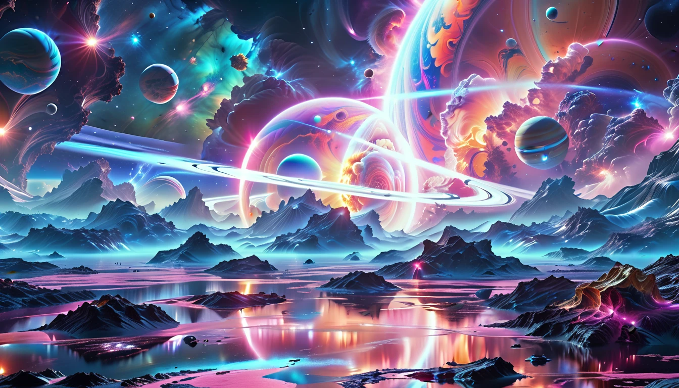 A Masterpiece In 32K Resolution, Supreme Quality, Super Detail, Official Art, Very High-Resolution 32K Wallpaper, Beautiful And Aesthetic, Ultra-Detailed Features, Awe-Inspiring Detail. Cosmic, Otherworldly, And Breathtakingly Dreamlike Scene Set On A Vibrant, Alien Planet. The Otherworldly Landscape Is Filled With Colorful, Intricate Patterns And Vibrant Contrasts, Creating A Sense Of Both Mystery And Wonder. A Giant Planet Resembling Jupiter Looms In The Background, Bathed In An Ethereal Glow, While Swirling Deep Space Nebulas And Vivid Pink Hues Fill The Sky. The Atmosphere Is Alive With An Energetic, Almost Surreal Quality, Enhanced By The Use Of Long Exposure, Giving A Cinematic, Epic Feel. This Abstract, Alien World Blends The Surreal With The Futuristic, Featuring Epic Structures And Otherworldly Beauty. The Colors Are Bold, Saturated, And Highly Contrasting, Giving The Entire Scene A Crazy Yet Gorgeous Visual Identity.