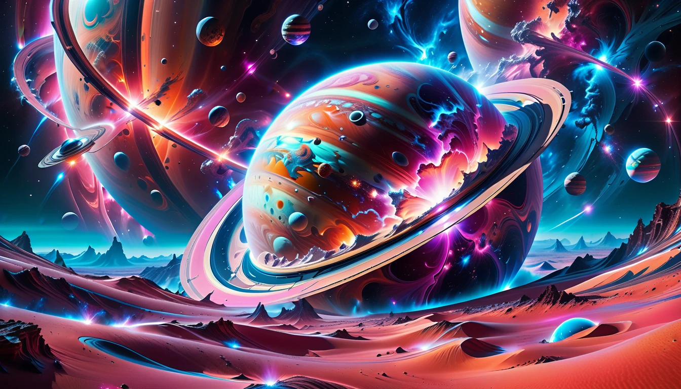 A Masterpiece In 32K Resolution, Supreme Quality, Super Detail, Official Art, Very High-Resolution 32K Wallpaper, Beautiful And Aesthetic, Ultra-Detailed Features, Awe-Inspiring Detail. Cosmic, Otherworldly, And Breathtakingly Dreamlike Scene Set On A Vibrant, Alien Planet. The Otherworldly Landscape Is Filled With Colorful, Intricate Patterns And Vibrant Contrasts, Creating A Sense Of Both Mystery And Wonder. A Giant Planet Resembling Jupiter Looms In The Background, Bathed In An Ethereal Glow, While Swirling Deep Space Nebulas And Vivid Pink Hues Fill The Sky. The Atmosphere Is Alive With An Energetic, Almost Surreal Quality, Enhanced By The Use Of Long Exposure, Giving A Cinematic, Epic Feel. This Abstract, Alien World Blends The Surreal With The Futuristic, Featuring Epic Structures And Otherworldly Beauty. The Colors Are Bold, Saturated, And Highly Contrasting, Giving The Entire Scene A Crazy Yet Gorgeous Visual Identity.