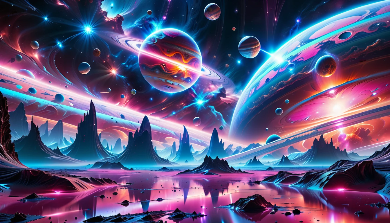 A Masterpiece In 32K Resolution, Supreme Quality, Super Detail, Official Art, Very High-Resolution 32K Wallpaper, Beautiful And Aesthetic, Ultra-Detailed Features, Awe-Inspiring Detail. Cosmic, Otherworldly, And Breathtakingly Dreamlike Scene Set On A Vibrant, Alien Planet. The Otherworldly Landscape Is Filled With Colorful, Intricate Patterns And Vibrant Contrasts, Creating A Sense Of Both Mystery And Wonder. A Giant Planet Resembling Jupiter Looms In The Background, Bathed In An Ethereal Glow, While Swirling Deep Space Nebulas And Vivid Pink Hues Fill The Sky. The Atmosphere Is Alive With An Energetic, Almost Surreal Quality, Enhanced By The Use Of Long Exposure, Giving A Cinematic, Epic Feel. This Abstract, Alien World Blends The Surreal With The Futuristic, Featuring Epic Structures And Otherworldly Beauty. The Colors Are Bold, Saturated, And Highly Contrasting, Giving The Entire Scene A Crazy Yet Gorgeous Visual Identity.