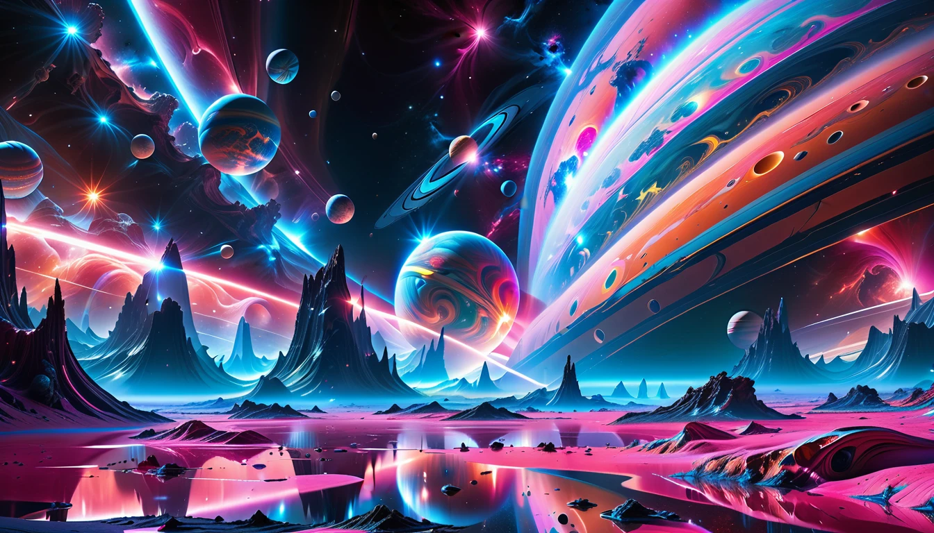 A Masterpiece In 32K Resolution, Supreme Quality, Super Detail, Official Art, Very High-Resolution 32K Wallpaper, Beautiful And Aesthetic, Ultra-Detailed Features, Awe-Inspiring Detail. Cosmic, Otherworldly, And Breathtakingly Dreamlike Scene Set On A Vibrant, Alien Planet. The Otherworldly Landscape Is Filled With Colorful, Intricate Patterns And Vibrant Contrasts, Creating A Sense Of Both Mystery And Wonder. A Giant Planet Resembling Jupiter Looms In The Background, Bathed In An Ethereal Glow, While Swirling Deep Space Nebulas And Vivid Pink Hues Fill The Sky. The Atmosphere Is Alive With An Energetic, Almost Surreal Quality, Enhanced By The Use Of Long Exposure, Giving A Cinematic, Epic Feel. This Abstract, Alien World Blends The Surreal With The Futuristic, Featuring Epic Structures And Otherworldly Beauty. The Colors Are Bold, Saturated, And Highly Contrasting, Giving The Entire Scene A Crazy Yet Gorgeous Visual Identity.