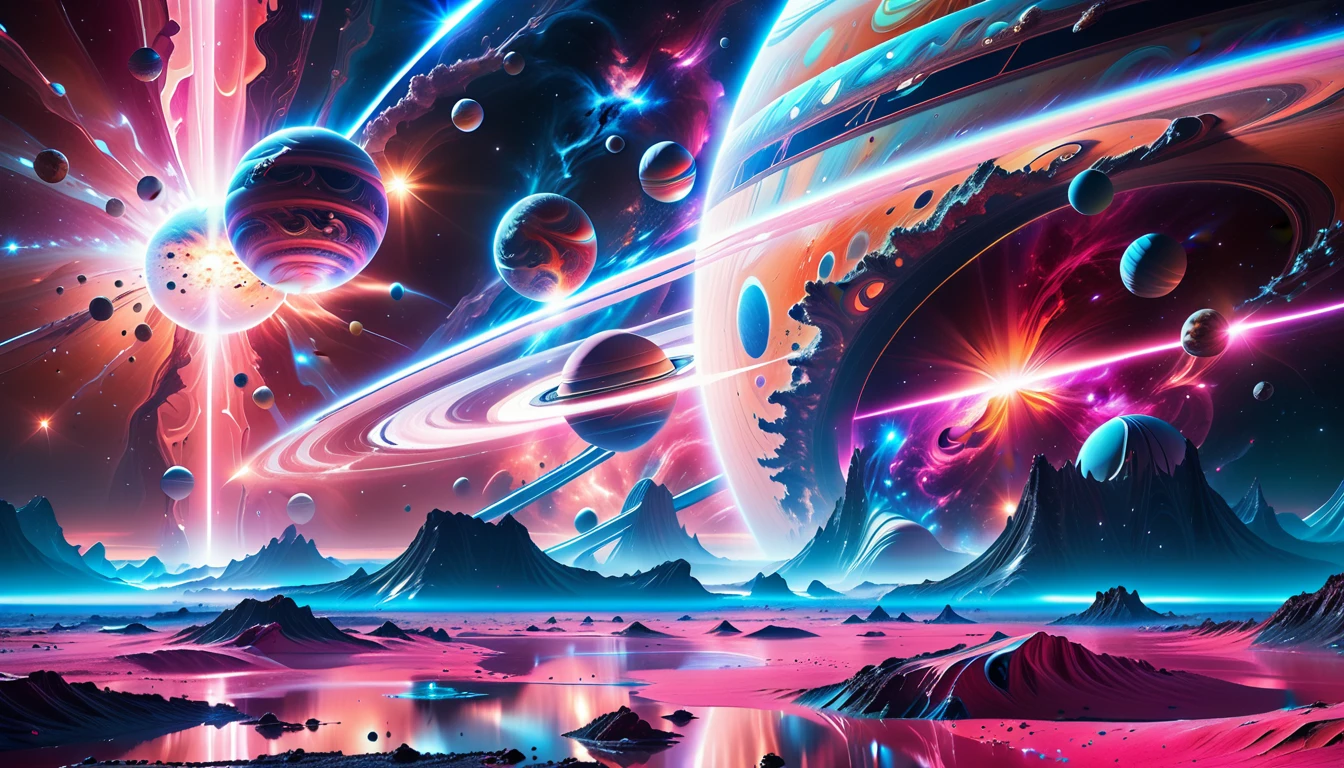 A Masterpiece In 32K Resolution, Supreme Quality, Super Detail, Official Art, Very High-Resolution 32K Wallpaper, Beautiful And Aesthetic, Ultra-Detailed Features, Awe-Inspiring Detail. Cosmic, Otherworldly, And Breathtakingly Dreamlike Scene Set On A Vibrant, Alien Planet. The Otherworldly Landscape Is Filled With Colorful, Intricate Patterns And Vibrant Contrasts, Creating A Sense Of Both Mystery And Wonder. A Giant Planet Resembling Jupiter Looms In The Background, Bathed In An Ethereal Glow, While Swirling Deep Space Nebulas And Vivid Pink Hues Fill The Sky. The Atmosphere Is Alive With An Energetic, Almost Surreal Quality, Enhanced By The Use Of Long Exposure, Giving A Cinematic, Epic Feel. This Abstract, Alien World Blends The Surreal With The Futuristic, Featuring Epic Structures And Otherworldly Beauty. The Colors Are Bold, Saturated, And Highly Contrasting, Giving The Entire Scene A Crazy Yet Gorgeous Visual Identity.