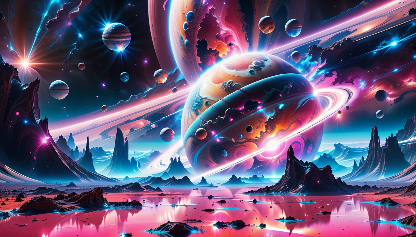 A Masterpiece In 32K Resolution, Supreme Quality, Super Detail, Official Art, Very High-Resolution 32K Wallpaper, Beautiful And Aesthetic, Ultra-Detailed Features, Awe-Inspiring Detail. Cosmic, Otherworldly, And Breathtakingly Dreamlike Scene Set On A Vibrant, Alien Planet. The Otherworldly Landscape Is Filled With Colorful, Intricate Patterns And Vibrant Contrasts, Creating A Sense Of Both Mystery And Wonder. A Giant Planet Resembling Jupiter Looms In The Background, Bathed In An Ethereal Glow, While Swirling Deep Space Nebulas And Vivid Pink Hues Fill The Sky. The Atmosphere Is Alive With An Energetic, Almost Surreal Quality, Enhanced By The Use Of Long Exposure, Giving A Cinematic, Epic Feel. This Abstract, Alien World Blends The Surreal With The Futuristic, Featuring Epic Structures And Otherworldly Beauty. The Colors Are Bold, Saturated, And Highly Contrasting, Giving The Entire Scene A Crazy Yet Gorgeous Visual Identity.