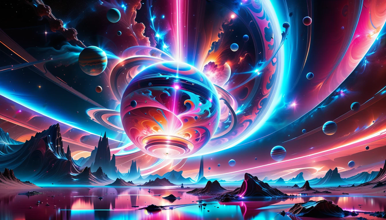 A Masterpiece In 32K Resolution, Supreme Quality, Super Detail, Official Art, Very High-Resolution 32K Wallpaper, Beautiful And Aesthetic, Ultra-Detailed Features, Awe-Inspiring Detail. Cosmic, Otherworldly, And Breathtakingly Dreamlike Scene Set On A Vibrant, Alien Planet. The Otherworldly Landscape Is Filled With Colorful, Intricate Patterns And Vibrant Contrasts, Creating A Sense Of Both Mystery And Wonder. A Giant Planet Resembling Jupiter Looms In The Background, Bathed In An Ethereal Glow, While Swirling Deep Space Nebulas And Vivid Pink Hues Fill The Sky. The Atmosphere Is Alive With An Energetic, Almost Surreal Quality, Enhanced By The Use Of Long Exposure, Giving A Cinematic, Epic Feel. This Abstract, Alien World Blends The Surreal With The Futuristic, Featuring Epic Structures And Otherworldly Beauty. The Colors Are Bold, Saturated, And Highly Contrasting, Giving The Entire Scene A Crazy Yet Gorgeous Visual Identity.