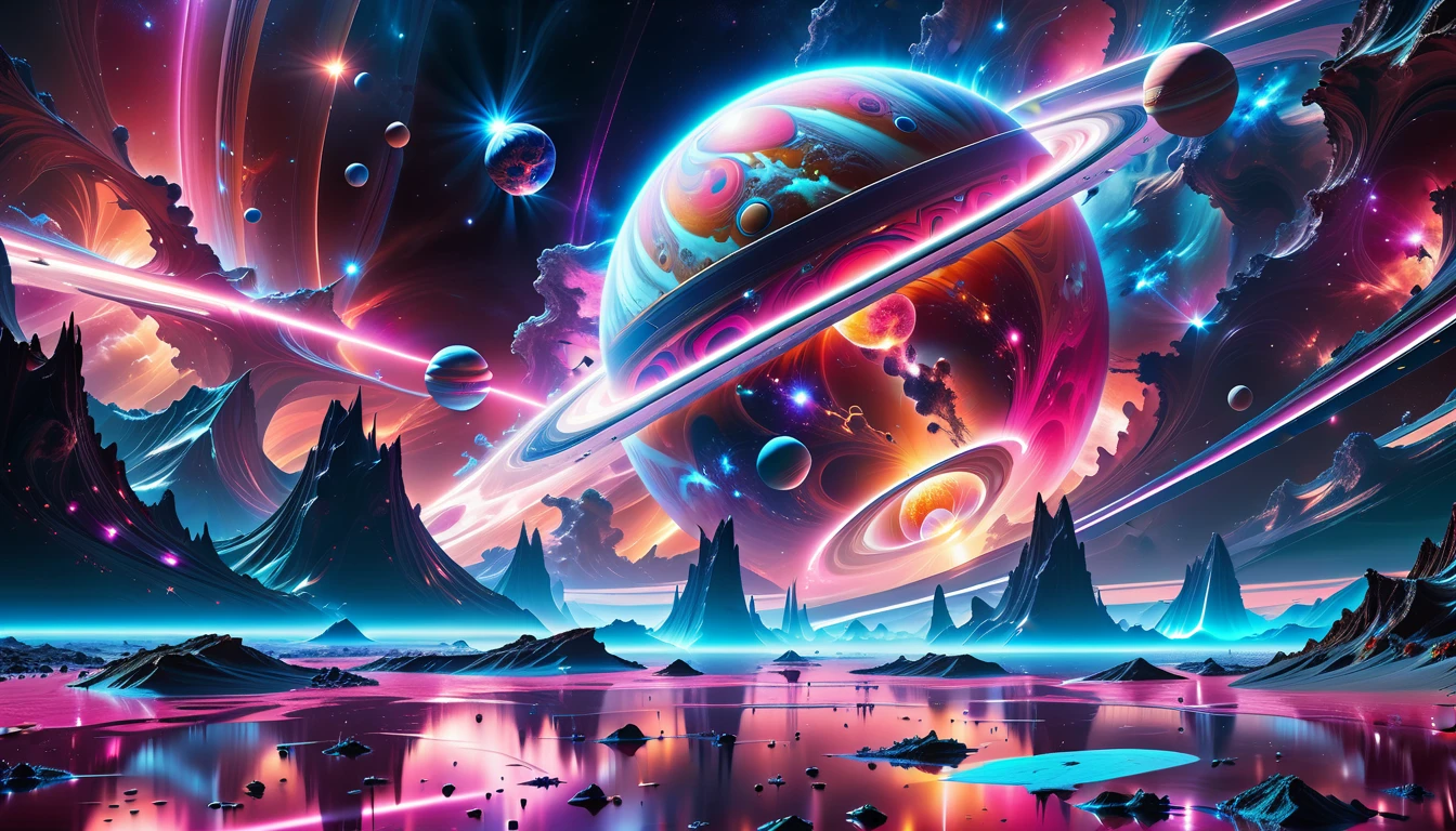 A Masterpiece In 32K Resolution, Supreme Quality, Super Detail, Official Art, Very High-Resolution 32K Wallpaper, Beautiful And Aesthetic, Ultra-Detailed Features, Awe-Inspiring Detail. Cosmic, Otherworldly, And Breathtakingly Dreamlike Scene Set On A Vibrant, Alien Planet. The Otherworldly Landscape Is Filled With Colorful, Intricate Patterns And Vibrant Contrasts, Creating A Sense Of Both Mystery And Wonder. A Giant Planet Resembling Jupiter Looms In The Background, Bathed In An Ethereal Glow, While Swirling Deep Space Nebulas And Vivid Pink Hues Fill The Sky. The Atmosphere Is Alive With An Energetic, Almost Surreal Quality, Enhanced By The Use Of Long Exposure, Giving A Cinematic, Epic Feel. This Abstract, Alien World Blends The Surreal With The Futuristic, Featuring Epic Structures And Otherworldly Beauty. The Colors Are Bold, Saturated, And Highly Contrasting, Giving The Entire Scene A Crazy Yet Gorgeous Visual Identity.