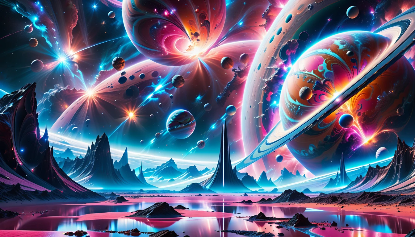 A Masterpiece In 32K Resolution, Supreme Quality, Super Detail, Official Art, Very High-Resolution 32K Wallpaper, Beautiful And Aesthetic, Ultra-Detailed Features, Awe-Inspiring Detail. Cosmic, Otherworldly, And Breathtakingly Dreamlike Scene Set On A Vibrant, Alien Planet. The Otherworldly Landscape Is Filled With Colorful, Intricate Patterns And Vibrant Contrasts, Creating A Sense Of Both Mystery And Wonder. A Giant Planet Resembling Jupiter Looms In The Background, Bathed In An Ethereal Glow, While Swirling Deep Space Nebulas And Vivid Pink Hues Fill The Sky. The Atmosphere Is Alive With An Energetic, Almost Surreal Quality, Enhanced By The Use Of Long Exposure, Giving A Cinematic, Epic Feel. This Abstract, Alien World Blends The Surreal With The Futuristic, Featuring Epic Structures And Otherworldly Beauty. The Colors Are Bold, Saturated, And Highly Contrasting, Giving The Entire Scene A Crazy Yet Gorgeous Visual Identity.