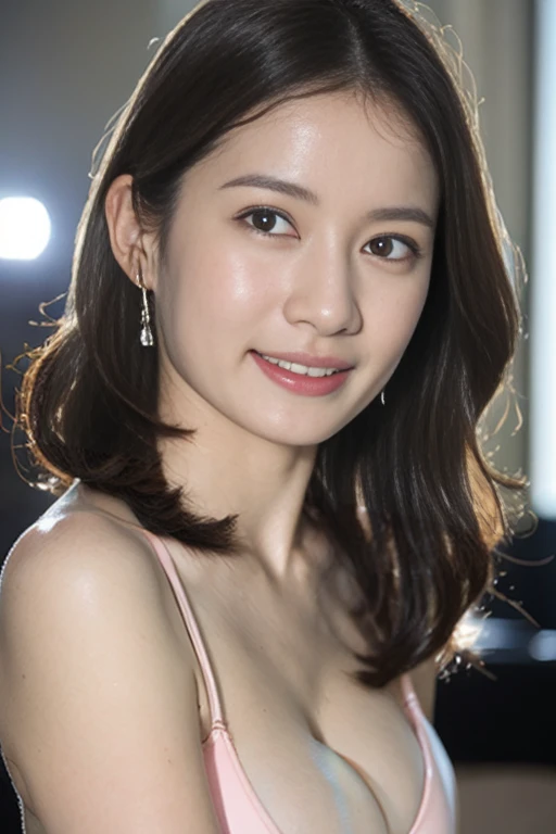 (Best Quality, 8k,),One Girl, Beautiful TV presenter, announcer, masterpiece, Best Quality、Realistic、Super detailed、Detailed and detailed、High resolution、8K wallpaper、Beautiful woman.. Light brown, unkempt hair、、Sharp focus、Perfect dynamic configuration、Beautiful details、 Thin Hair、Realistic skin texture, smile、Close-up portrait、Model body type、Light pink string bikini、Skin-tight bikini、In the heat、、Open your mouth、Explosively large breasts:1.4, Large areola、belly button、vagina、 Spread your legs wide、Erotic pose、I can see your chest、vulva、nude、Open your mouth a little,