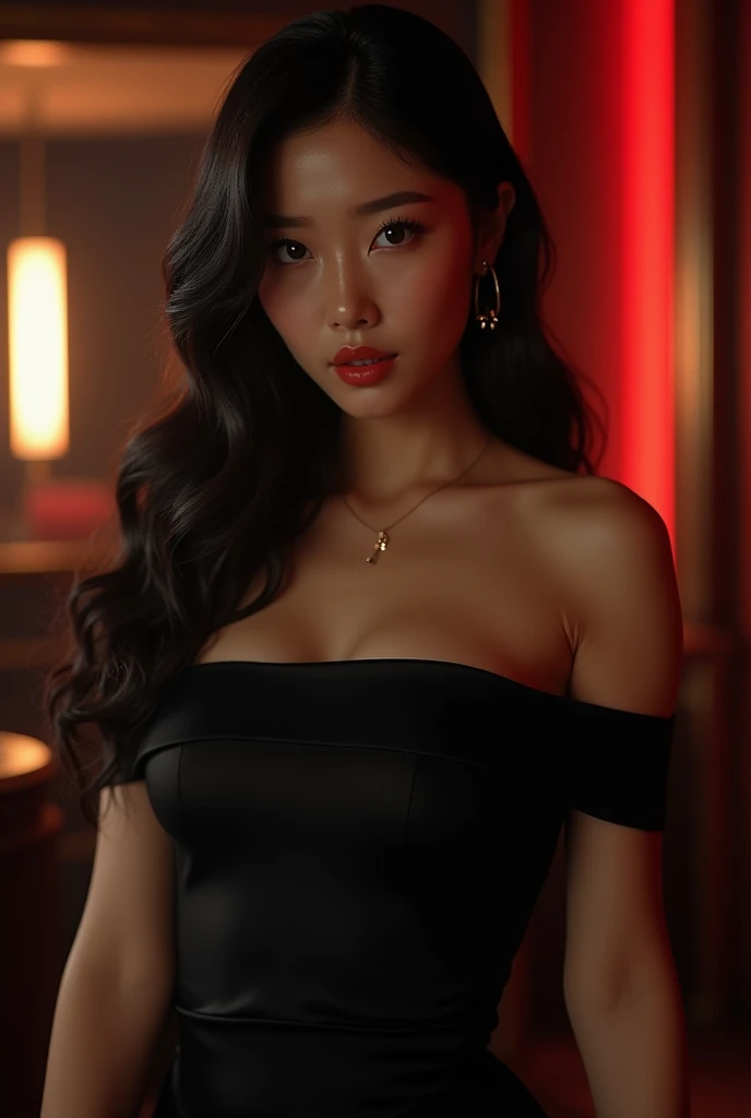 19 year old Asian girl, Hip-length hair, black, shiny and soft, with a fringe, long, pale skin, perfect face, perfect lips, bright brown eyes, perfect body, with a demonstrative tight black dress, while the girl posed on the balcony of her dark mansion