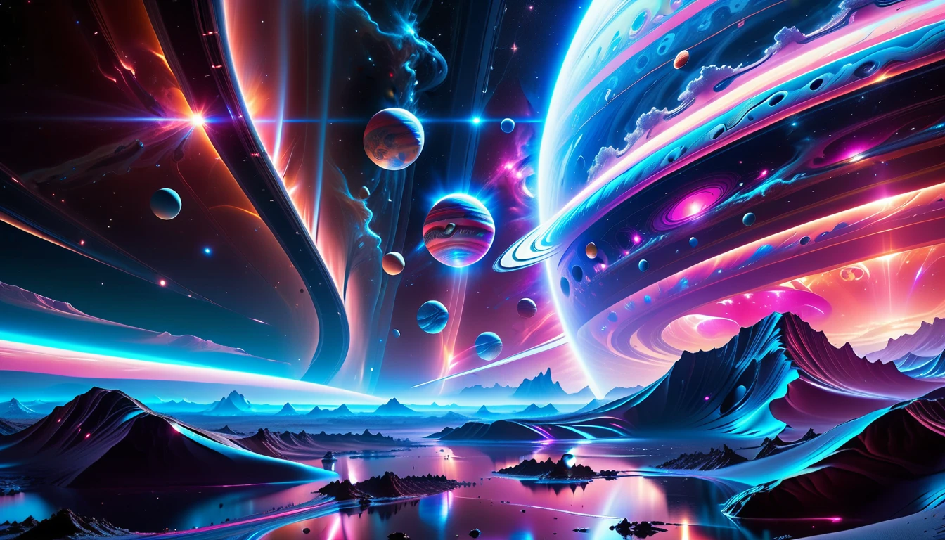 A Masterpiece In 32K Resolution, Supreme Quality, Super Detail, Official Art, Very High-Resolution 32K Wallpaper, Beautiful And Aesthetic, Ultra-Detailed Features, Awe-Inspiring Detail. Cosmic, Otherworldly, And Breathtakingly Dreamlike Scene Set On A Vibrant, Alien Planet. The Otherworldly Landscape Is Filled With Colorful, Intricate Patterns And Vibrant Contrasts, Creating A Sense Of Both Mystery And Wonder. A Giant Planet Resembling Jupiter Looms In The Background, Bathed In An Ethereal Glow, While Swirling Deep Space Nebulas And Vivid Pink Hues Fill The Sky. The Atmosphere Is Alive With An Energetic, Almost Surreal Quality, Enhanced By The Use Of Long Exposure, Giving A Cinematic, Epic Feel. This Abstract, Alien World Blends The Surreal With The Futuristic, Featuring Epic Structures And Otherworldly Beauty. The Colors Are Bold, Saturated, And Highly Contrasting, Giving The Entire Scene A Crazy Yet Gorgeous Visual Identity.