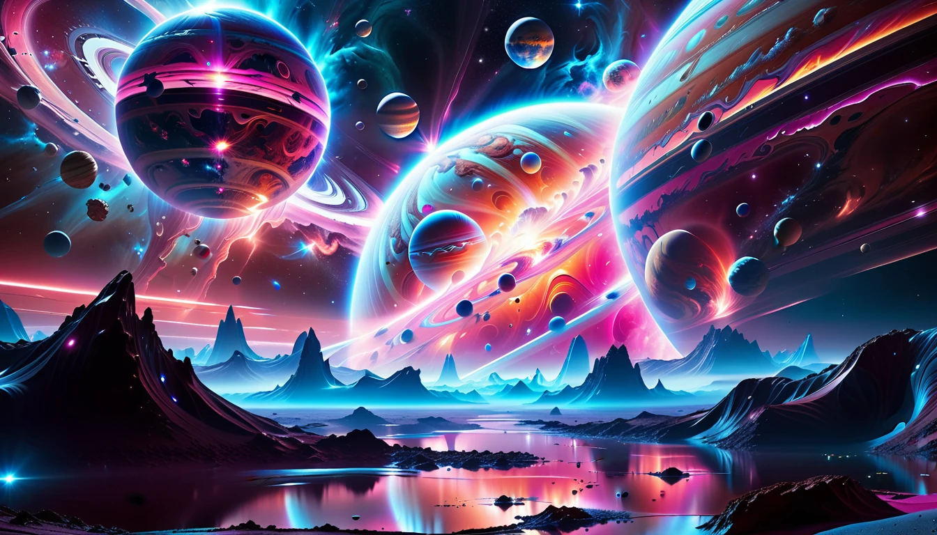 A Masterpiece In 32K Resolution, Supreme Quality, Super Detail, Official Art, Very High-Resolution 32K Wallpaper, Beautiful And Aesthetic, Ultra-Detailed Features, Awe-Inspiring Detail. Cosmic, Otherworldly, And Breathtakingly Dreamlike Scene Set On A Vibrant, Alien Planet. The Otherworldly Landscape Is Filled With Colorful, Intricate Patterns And Vibrant Contrasts, Creating A Sense Of Both Mystery And Wonder. A Giant Planet Resembling Jupiter Looms In The Background, Bathed In An Ethereal Glow, While Swirling Deep Space Nebulas And Vivid Pink Hues Fill The Sky. The Atmosphere Is Alive With An Energetic, Almost Surreal Quality, Enhanced By The Use Of Long Exposure, Giving A Cinematic, Epic Feel. This Abstract, Alien World Blends The Surreal With The Futuristic, Featuring Epic Structures And Otherworldly Beauty. The Colors Are Bold, Saturated, And Highly Contrasting, Giving The Entire Scene A Crazy Yet Gorgeous Visual Identity.