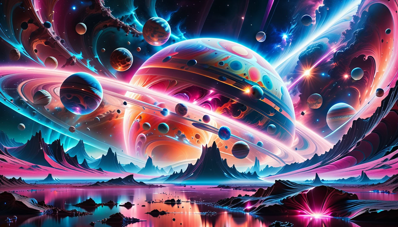 A Masterpiece In 32K Resolution, Supreme Quality, Super Detail, Official Art, Very High-Resolution 32K Wallpaper, Beautiful And Aesthetic, Ultra-Detailed Features, Awe-Inspiring Detail. Cosmic, Otherworldly, And Breathtakingly Dreamlike Scene Set On A Vibrant, Alien Planet. The Otherworldly Landscape Is Filled With Colorful, Intricate Patterns And Vibrant Contrasts, Creating A Sense Of Both Mystery And Wonder. A Giant Planet Resembling Jupiter Looms In The Background, Bathed In An Ethereal Glow, While Swirling Deep Space Nebulas And Vivid Pink Hues Fill The Sky. The Atmosphere Is Alive With An Energetic, Almost Surreal Quality, Enhanced By The Use Of Long Exposure, Giving A Cinematic, Epic Feel. This Abstract, Alien World Blends The Surreal With The Futuristic, Featuring Epic Structures And Otherworldly Beauty. The Colors Are Bold, Saturated, And Highly Contrasting, Giving The Entire Scene A Crazy Yet Gorgeous Visual Identity.