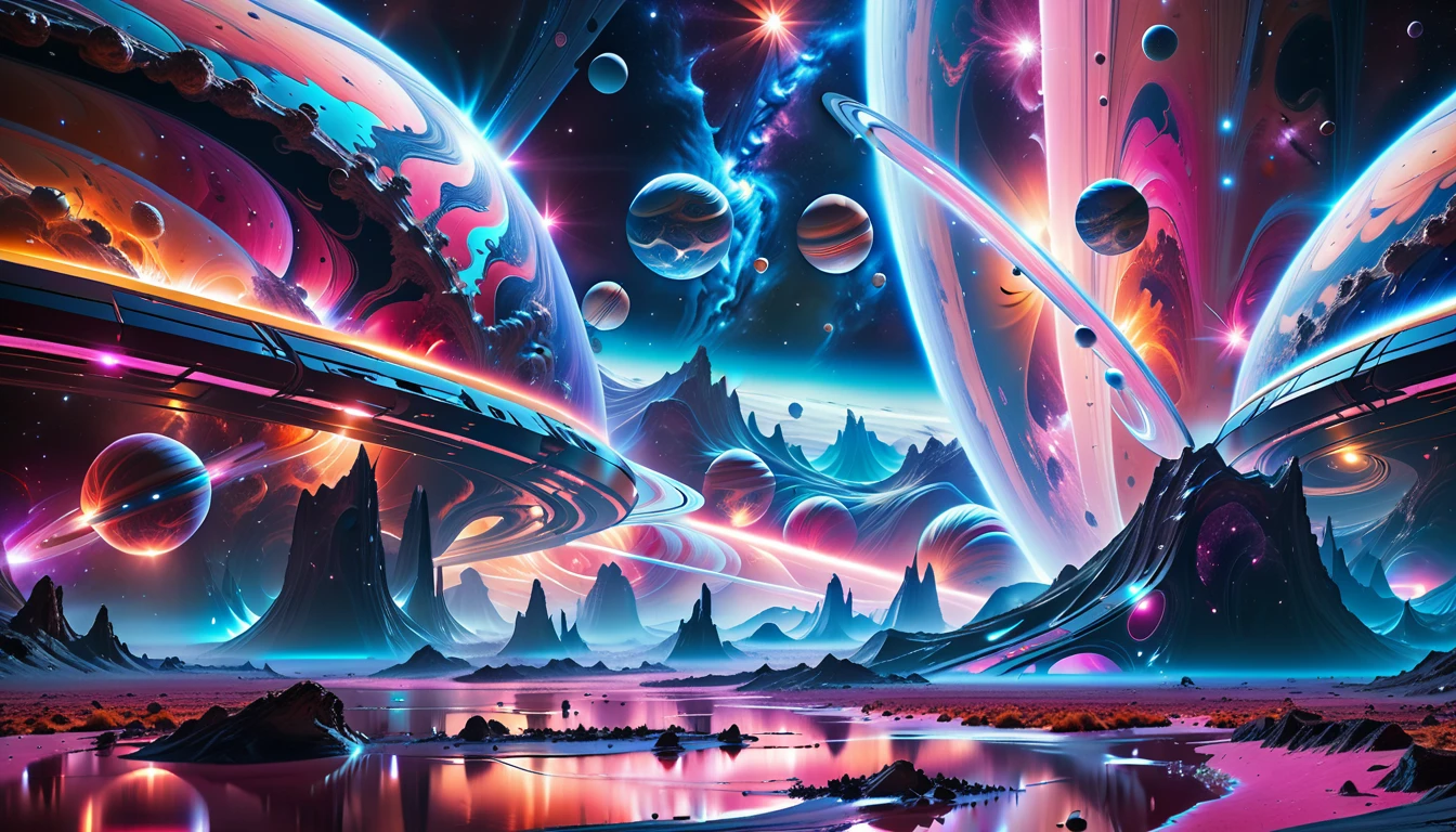 A Masterpiece In 32K Resolution, Supreme Quality, Super Detail, Official Art, Very High-Resolution 32K Wallpaper, Beautiful And Aesthetic, Ultra-Detailed Features, Awe-Inspiring Detail. Cosmic, Otherworldly, And Breathtakingly Dreamlike Scene Set On A Vibrant, Alien Planet. The Otherworldly Landscape Is Filled With Colorful, Intricate Patterns And Vibrant Contrasts, Creating A Sense Of Both Mystery And Wonder. A Giant Planet Resembling Jupiter Looms In The Background, Bathed In An Ethereal Glow, While Swirling Deep Space Nebulas And Vivid Pink Hues Fill The Sky. The Atmosphere Is Alive With An Energetic, Almost Surreal Quality, Enhanced By The Use Of Long Exposure, Giving A Cinematic, Epic Feel. This Abstract, Alien World Blends The Surreal With The Futuristic, Featuring Epic Structures And Otherworldly Beauty. The Colors Are Bold, Saturated, And Highly Contrasting, Giving The Entire Scene A Crazy Yet Gorgeous Visual Identity.