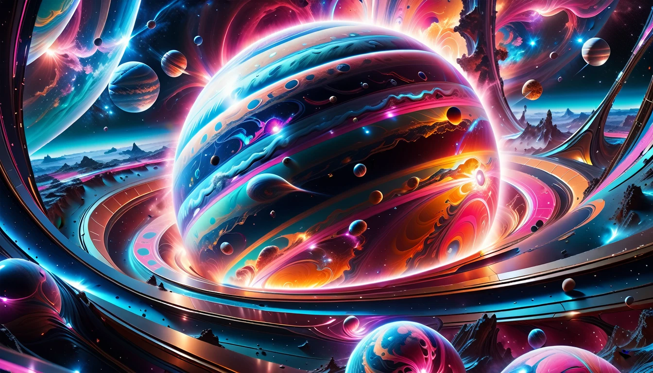 A Masterpiece In 32K Resolution, Supreme Quality, Super Detail, Official Art, Very High-Resolution 32K Wallpaper, Beautiful And Aesthetic, Ultra-Detailed Features, Awe-Inspiring Detail. Cosmic, Otherworldly, And Breathtakingly Dreamlike Scene Set On A Vibrant, Alien Planet. The Otherworldly Landscape Is Filled With Colorful, Intricate Patterns And Vibrant Contrasts, Creating A Sense Of Both Mystery And Wonder. A Giant Planet Resembling Jupiter Looms In The Background, Bathed In An Ethereal Glow, While Swirling Deep Space Nebulas And Vivid Pink Hues Fill The Sky. The Atmosphere Is Alive With An Energetic, Almost Surreal Quality, Enhanced By The Use Of Long Exposure, Giving A Cinematic, Epic Feel. This Abstract, Alien World Blends The Surreal With The Futuristic, Featuring Epic Structures And Otherworldly Beauty. The Colors Are Bold, Saturated, And Highly Contrasting, Giving The Entire Scene A Crazy Yet Gorgeous Visual Identity.