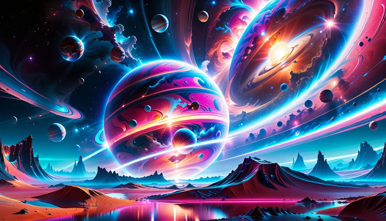 A Masterpiece In 32K Resolution, Supreme Quality, Super Detail, Official Art, Very High-Resolution 32K Wallpaper, Beautiful And Aesthetic, Ultra-Detailed Features, Awe-Inspiring Detail. Cosmic, Otherworldly, And Breathtakingly Dreamlike Scene Set On A Vibrant, Alien Planet. The Otherworldly Landscape Is Filled With Colorful, Intricate Patterns And Vibrant Contrasts, Creating A Sense Of Both Mystery And Wonder. A Giant Planet Resembling Jupiter Looms In The Background, Bathed In An Ethereal Glow, While Swirling Deep Space Nebulas And Vivid Pink Hues Fill The Sky. The Atmosphere Is Alive With An Energetic, Almost Surreal Quality, Enhanced By The Use Of Long Exposure, Giving A Cinematic, Epic Feel. This Abstract, Alien World Blends The Surreal With The Futuristic, Featuring Epic Structures And Otherworldly Beauty. The Colors Are Bold, Saturated, And Highly Contrasting, Giving The Entire Scene A Crazy Yet Gorgeous Visual Identity.