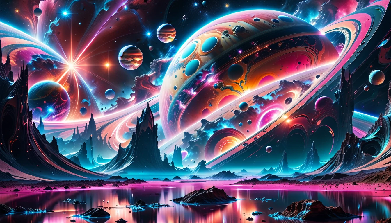 A Masterpiece In 32K Resolution, Supreme Quality, Super Detail, Official Art, Very High-Resolution 32K Wallpaper, Beautiful And Aesthetic, Ultra-Detailed Features, Awe-Inspiring Detail. Cosmic, Otherworldly, And Breathtakingly Dreamlike Scene Set On A Vibrant, Alien Planet. The Otherworldly Landscape Is Filled With Colorful, Intricate Patterns And Vibrant Contrasts, Creating A Sense Of Both Mystery And Wonder. A Giant Planet Resembling Jupiter Looms In The Background, Bathed In An Ethereal Glow, While Swirling Deep Space Nebulas And Vivid Pink Hues Fill The Sky. The Atmosphere Is Alive With An Energetic, Almost Surreal Quality, Enhanced By The Use Of Long Exposure, Giving A Cinematic, Epic Feel. This Abstract, Alien World Blends The Surreal With The Futuristic, Featuring Epic Structures And Otherworldly Beauty. The Colors Are Bold, Saturated, And Highly Contrasting, Giving The Entire Scene A Crazy Yet Gorgeous Visual Identity.