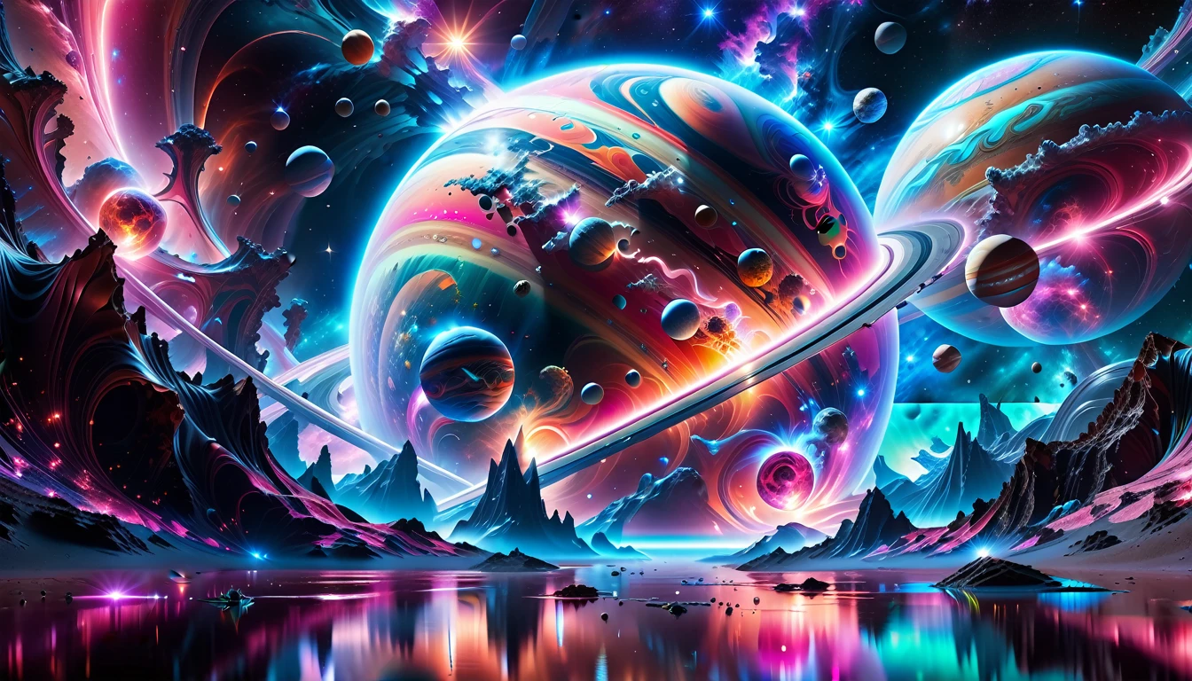 A Masterpiece In 32K Resolution, Supreme Quality, Super Detail, Official Art, Very High-Resolution 32K Wallpaper, Beautiful And Aesthetic, Ultra-Detailed Features, Awe-Inspiring Detail. Cosmic, Otherworldly, And Breathtakingly Dreamlike Scene Set On A Vibrant, Alien Planet. The Otherworldly Landscape Is Filled With Colorful, Intricate Patterns And Vibrant Contrasts, Creating A Sense Of Both Mystery And Wonder. A Giant Planet Resembling Jupiter Looms In The Background, Bathed In An Ethereal Glow, While Swirling Deep Space Nebulas And Vivid Pink Hues Fill The Sky. The Atmosphere Is Alive With An Energetic, Almost Surreal Quality, Enhanced By The Use Of Long Exposure, Giving A Cinematic, Epic Feel. This Abstract, Alien World Blends The Surreal With The Futuristic, Featuring Epic Structures And Otherworldly Beauty. The Colors Are Bold, Saturated, And Highly Contrasting, Giving The Entire Scene A Crazy Yet Gorgeous Visual Identity.