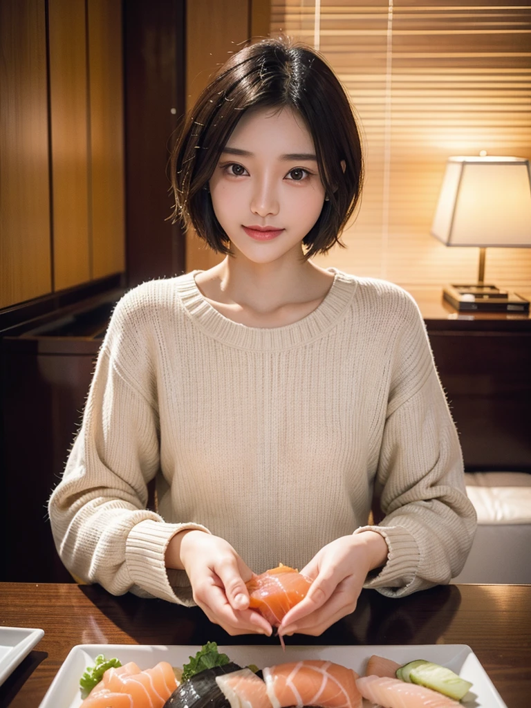 (Small lower chest,Tomboyish,small heads)),  (perfect bodies: 1.1), (short-length straight short hair: 1.2), attractive collarbone，（极其细致的CG 8k壁纸），（Extremely refined and beautiful），（masterpiece），（best qualtiy：1.0），（超高分辨率：1.0），upper body photos，[A high resolution]，cheerfulness，Smile，Smooth and flawless fair skin，ultra - detailed ，Elongated legs，（Small breasts:1.1),Flat chest,Slim，emaciated，No bra,After bath, (white sweater:1.3),Cleavage,(white pantyhose:1.3),At home, in dinning room,Close shot,nightfall，warm light，a dinning table,(Several dishes on the table:1.3),(Lying flat on back on the dining table:1.3),Top down overhead camera perspective,cowboy shot
