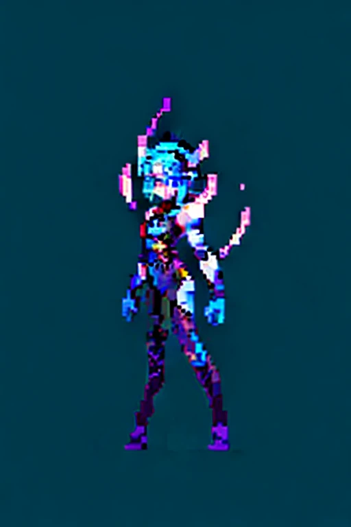 A pixel art style futuristic girl stands confidently, arms slightly outstretched to the sides, palms open, as if ready for action. Her hair was vibrant, long, blue, and flowed over her shoulders with a metallic sheen. She wore a fitted high-tech leotard, mostly dark blue, with light blue and black sections that exposed her bare midriff. The suit appears to be segmented and has a mechanical or armored appearance. She has futuristic appendages on her head that give her an otherworldly or cybernetic appearance. Her big blue eyes convey focus and determination. The color palette emphasizes shades of blue and black, with some light blue added to enhance the atmosphere of technique and combat readiness. The character stands in a slightly aggressive posture, legs on the move, exuding strength and readiness. The background is small, highlighting her confident posture and energetic aura.