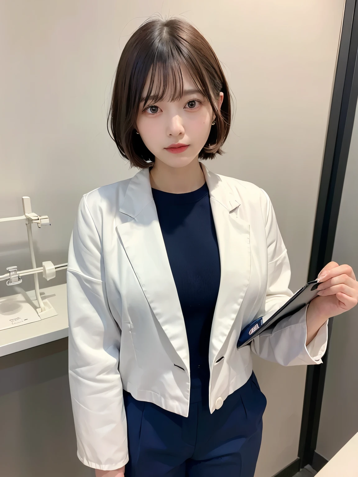 ((Top Quality, 8k, Masterpiece: 1.3)), ((1 girl)), woman, (Huge Breasts:1.2), ((White lab coat)), ((paired with navy blue pants)), holding a clipboard and standing near laboratory equipment, Posing like a model, gold earring, (Women in Japan:1.05), ((short bob hair)), diffused natural skin glow, physically-based rendering, extra detailed face, Detailed skin, mole:0.1, disdaining face, full-face blush, embarrassed, troubled eyebrows, In a pharmaceutical lab, standing near scientific equipment with test tubes and laboratory devices around