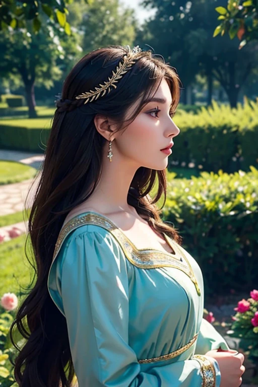 Eastern European beauty、A stunning beauty in her late 30s、Brunette Long Hair、Perfect Makeup、Royal women、Elegant Dresses、In the garden、Side view、Bust Shot、Carefully draw the details of the profile、