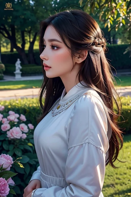 Eastern European beauty、A stunning beauty in her late 30s、Brunette Long Hair、Perfect Makeup、Royal women、Elegant Dresses、In the garden、Side view、Bust Shot、Carefully draw the details of the profile、