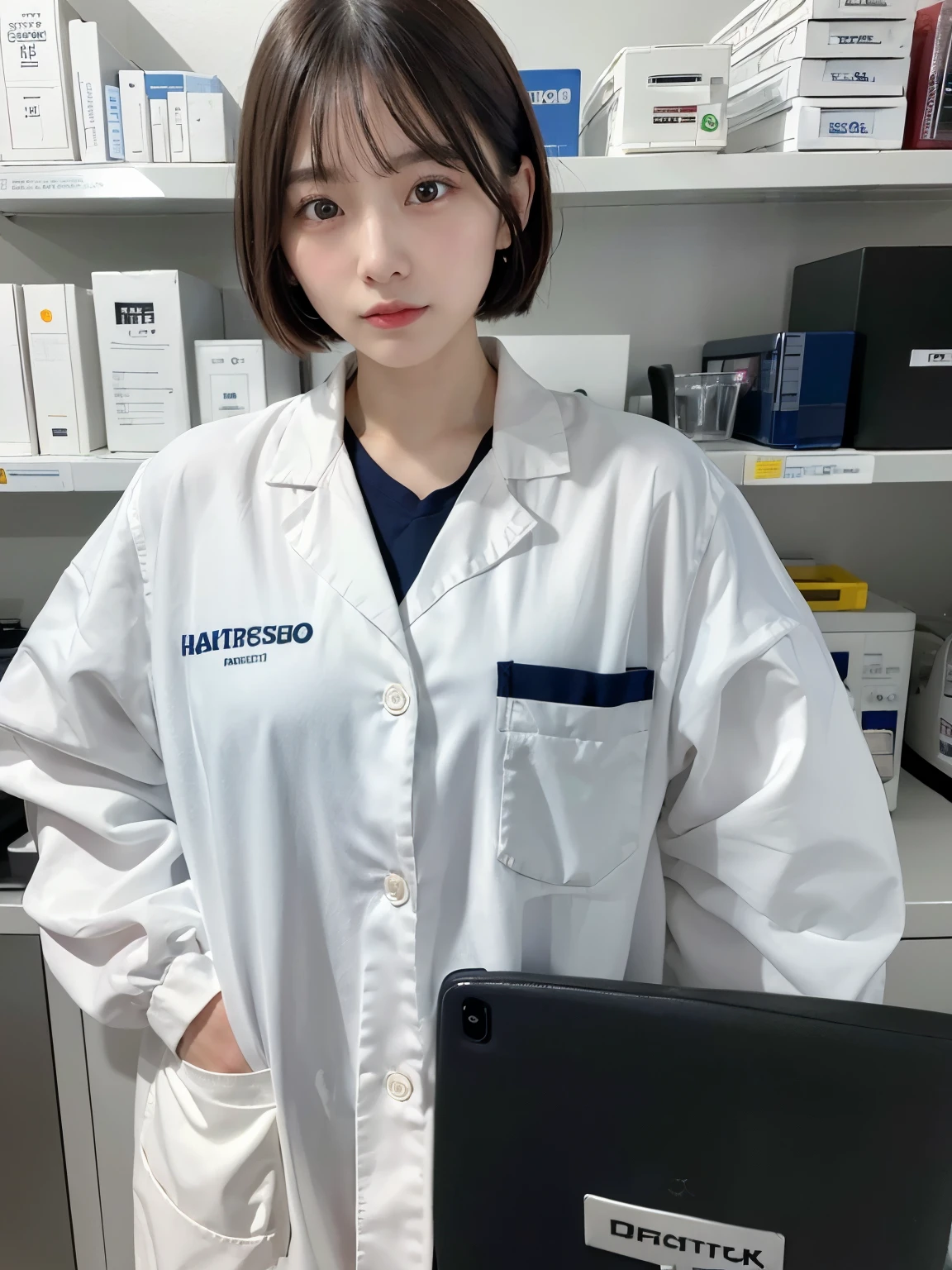 ((Top Quality, 8k, Masterpiece: 1.3)), ((1 girl)), woman, (Huge Breasts:1.2), ((White lab coat)), ((paired with navy blue pants)), holding a clipboard and standing near laboratory equipment, Posing like a model, gold earring, (Women in Japan:1.05), ((short bob hair)), diffused natural skin glow, physically-based rendering, extra detailed face, Detailed skin, mole:0.1, disdaining face, full-face blush, embarrassed, troubled eyebrows, In a pharmaceutical lab, standing near scientific equipment with test tubes and laboratory devices around